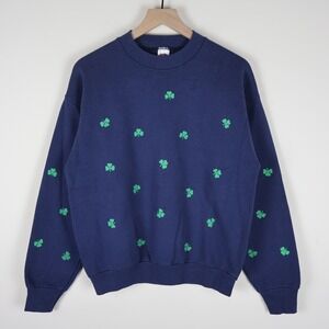 Vintage 90s Irish Shamrock All Over Print Sweatshirt Navy Large 21x24.5